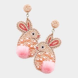 Felt Back Pom Pom Pearl Seed Beaded Easter Bunny Dangle Earrings